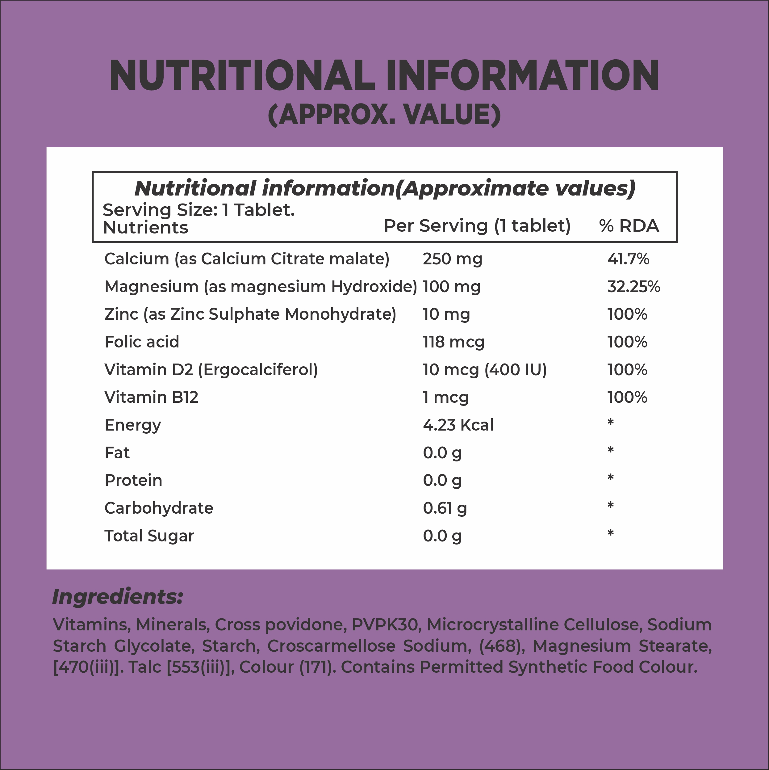 CALCIUM WITH MAGNESIUM, VITAMIN D3, VITAMIN B12, FOLIC ACID AND ZINC